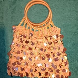 Nwot Elegant Gold Sequin Woven Jute Boho Handbag